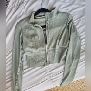 SHEIN Sage Green Ribbed Zip-Up Cropped Jacket